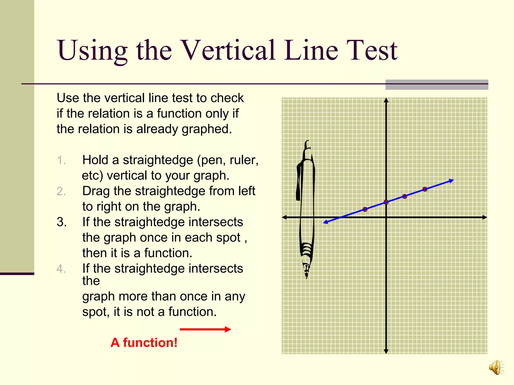 Using the Vertical Line Test
Use the vertical line test to check
if the relation is a function only if
the relation is already graphed.
1.
2.

3.

4.

Hold a straightedge (pen, ruler,
etc) vertical to your graph.
Drag the straightedge from left
to right on the graph.
If the straightedge intersects
the graph once in each spot ,
then it is a function.
If the straightedge intersects
the
graph more than once in any
spot, it is not a function.
A function!

 