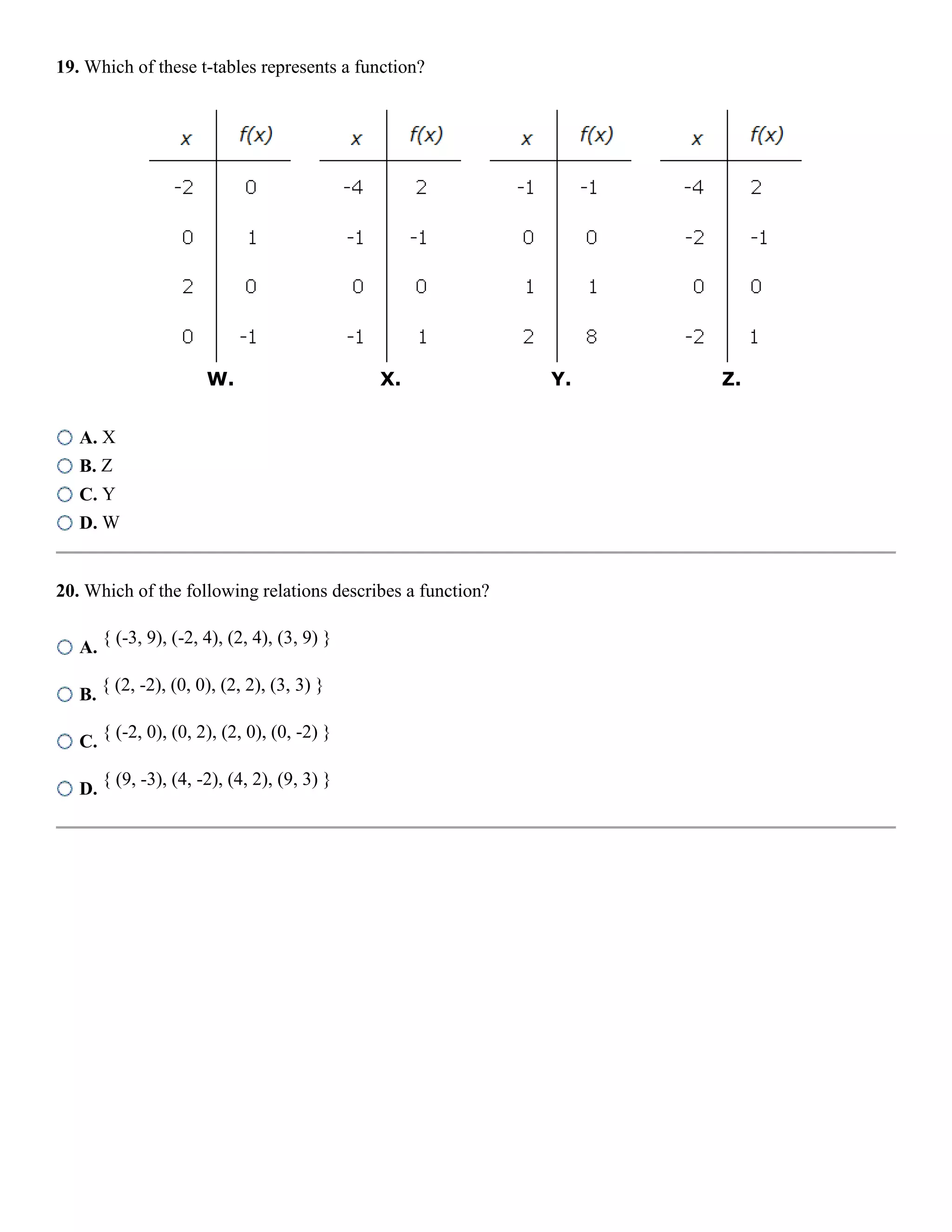 19. Which of these t-tables represents a function?
W. X. Y. Z.
A. X
B. Z
C. Y
D. W
20. Which of the following relations describes a function?
A.
{ (-3, 9), (-2, 4), (2, 4), (3, 9) }
B.
{ (2, -2), (0, 0), (2, 2), (3, 3) }
C.
{ (-2, 0), (0, 2), (2, 0), (0, -2) }
D.
{ (9, -3), (4, -2), (4, 2), (9, 3) }
 