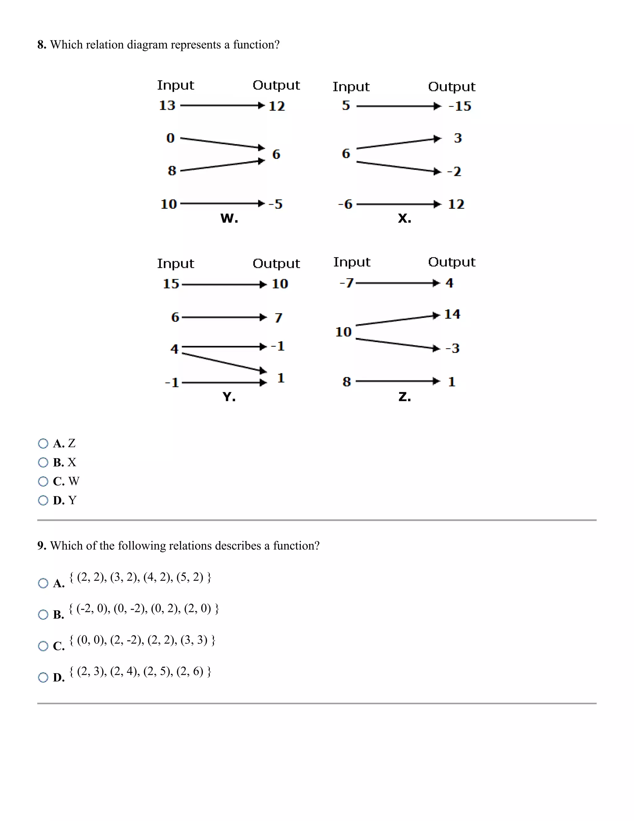8. Which relation diagram represents a function?
W. X.
Y. Z.
A. Z
B. X
C. W
D. Y
9. Which of the following relations describes a function?
A.
{ (2, 2), (3, 2), (4, 2), (5, 2) }
B.
{ (-2, 0), (0, -2), (0, 2), (2, 0) }
C.
{ (0, 0), (2, -2), (2, 2), (3, 3) }
D.
{ (2, 3), (2, 4), (2, 5), (2, 6) }
 