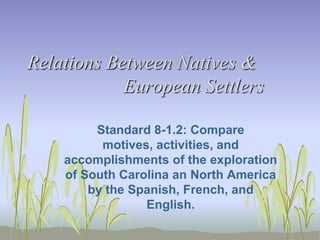 Relations Between Natives &
European Settlers
Standard 8-1.2: Compare
motives, activities, and
accomplishments of the exploration
of South Carolina an North America
by the Spanish, French, and
English.
 