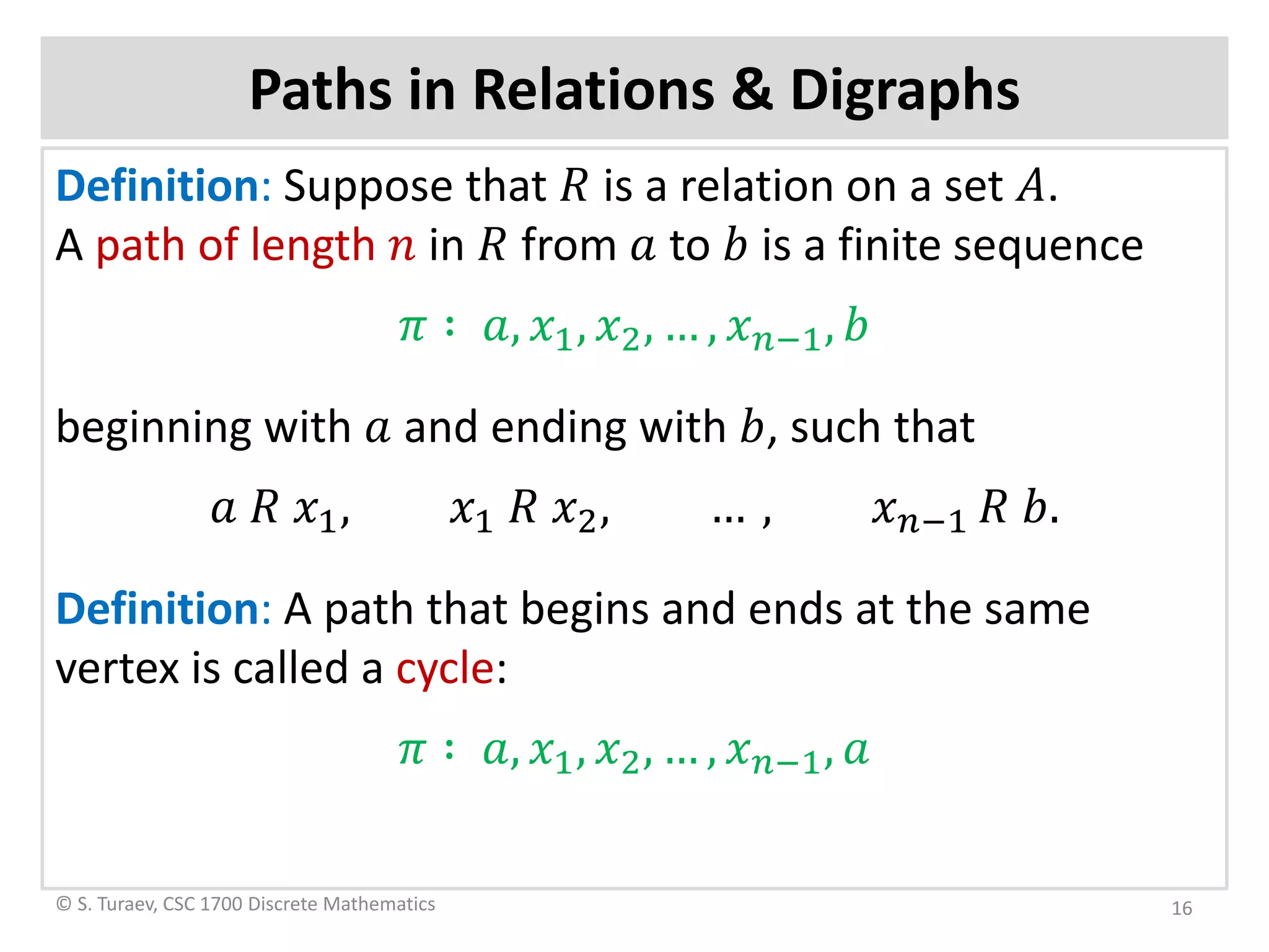 Paths in Relations & Digraphs
Definition: Suppose that 𝑅𝑅 is a relation on a set 𝐴𝐴.
A path of length 𝑛𝑛 in 𝑅𝑅 from 𝑎𝑎 to 𝑏𝑏 is a finite sequence
𝜋𝜋 ∶ 𝑎𝑎, 𝑥𝑥1, 𝑥𝑥2, … , 𝑥𝑥𝑛𝑛−1, 𝑏𝑏
beginning with 𝑎𝑎 and ending with 𝑏𝑏, such that
𝑎𝑎 𝑅𝑅 𝑥𝑥1, 𝑥𝑥1 𝑅𝑅 𝑥𝑥2, … , 𝑥𝑥𝑛𝑛−1 𝑅𝑅 𝑏𝑏.
Definition: A path that begins and ends at the same
vertex is called a cycle:
𝜋𝜋 ∶ 𝑎𝑎, 𝑥𝑥1, 𝑥𝑥2, … , 𝑥𝑥𝑛𝑛−1, 𝑎𝑎
© S. Turaev, CSC 1700 Discrete Mathematics 16
 