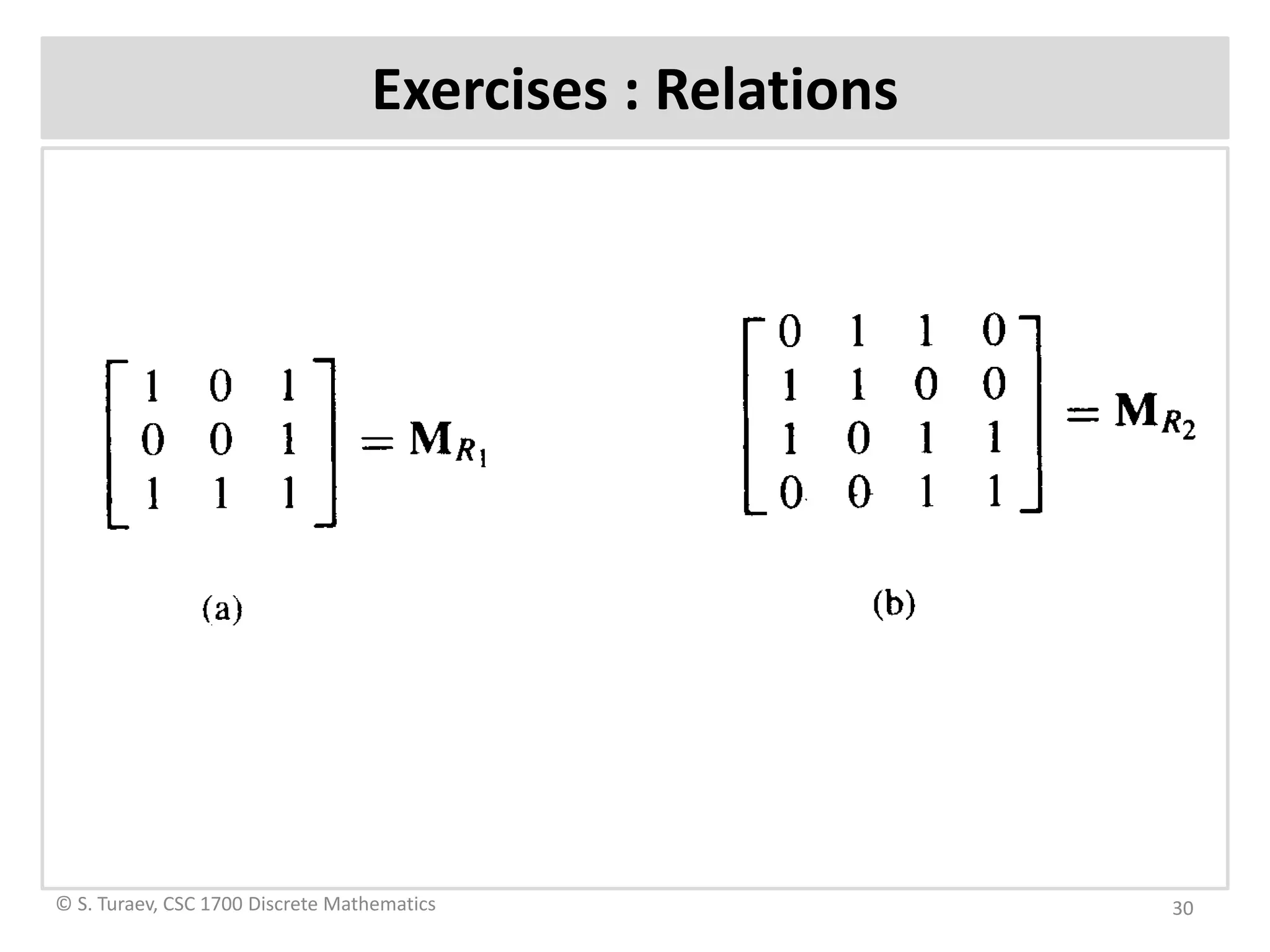 Exercises : Relations
© S. Turaev, CSC 1700 Discrete Mathematics 30
 