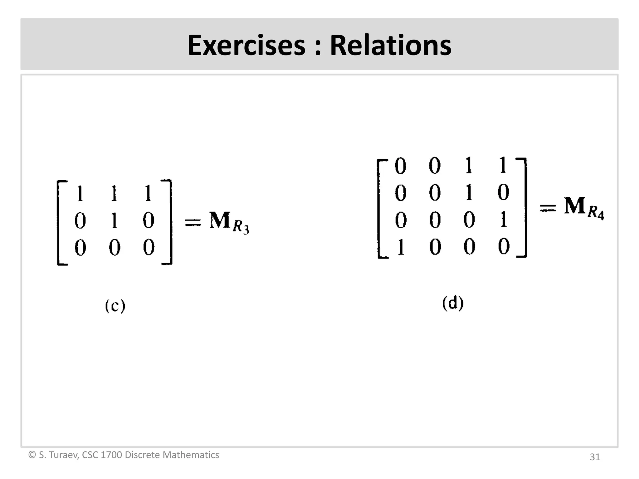 Exercises : Relations
© S. Turaev, CSC 1700 Discrete Mathematics 31
 