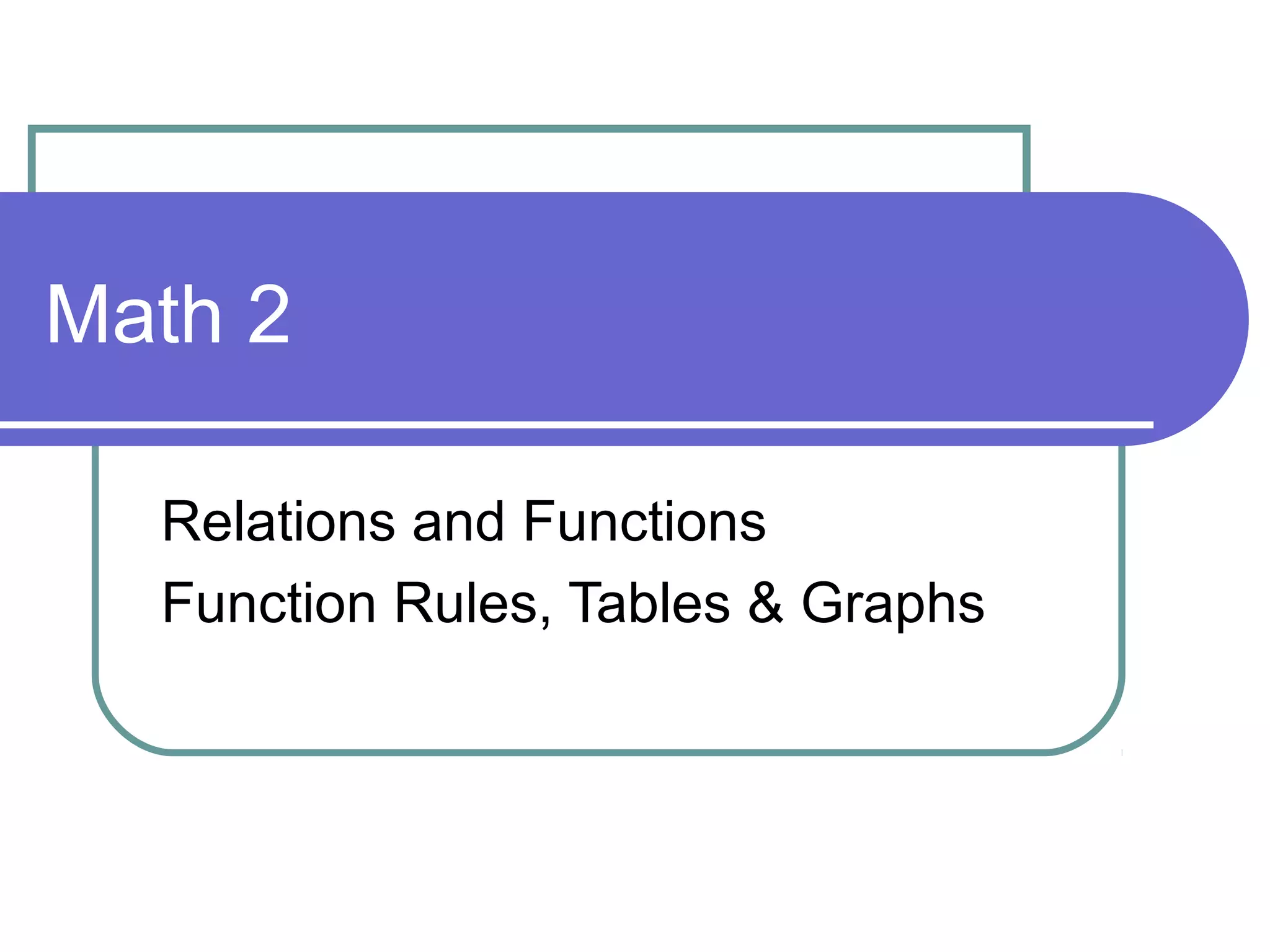 Math 2
Relations and Functions
Function Rules, Tables & Graphs