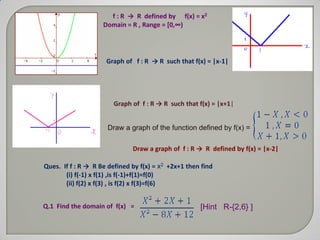 f : R → R defined by f(x) = x2
                    Domain = R , Range = *0,∞)




                     Graph of f : R → R such that f(x) = |x-1|




                        Graph of f : R → R such that f(x) = |x+1|


                     Draw a graph of the function defined by f(x) =

                              Draw a graph of f : R → R defined by f(x) = |x-2|

Ques. If f : R → R Be defined by f(x) = x2 +2x+1 then find
       (i) f(-1) x f(1) ,is f(-1)+f(1)=f(0)
       (ii) f(2) x f(3) , is f(2) x f(3)=f(6)


Q.1 Find the domain of f(x) =                        [Hint R-{2,6} ]
 