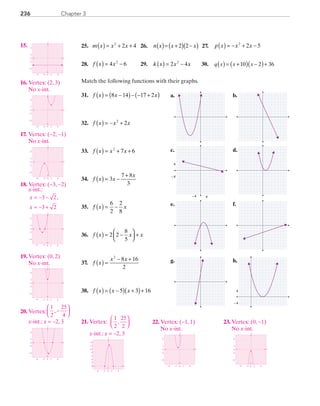 Chapter 3236
	25.	 m x x x( ) = + +2
2 4 	 26.	 n x x x( )= +( ) −( )2 2 	 27.	 p x x x( ) = − + −2
2 5
	28.	 f x x( ) = −4 62
	 29.	 k x x x( ) = −2 42
	 30.	 q x x x10 2 36( ) ( )( )= + − +
Match the following functions with their graphs.
	31.	 f x x x( ) = −( )− − +( )8 14 17 2
	32.	 f x x x( ) = − +2
2
	33.	 f x x x( ) = + +2
7 6
	34.	 f x x
x
( ) = −
+
3
7 8
3
	35.	 f x x( ) = −
6
2
2
8
	36.	 f x x x( ) = −



 +2 2
8
5
	37.	 f x
x x
( ) =
− +2
8 16
2
	38.	 f x x x( ) = −( ) +( )+5 3 16
e. f.
a. b.
c. d.
g. h.
4− 4
4
− 4
4
− 4
	15.	
x
y
0
−2
−6
6
2
0 2 6−6 −2
	16.	 Vertex: (2, 3)
		No x-int.
		
x
y
0
−2
−6
6
2
0 2 6−6 −2
	17.	 Vertex: (−2, −1)
		No x-int.
		
x
y
0
−2
−6
6
2
0 2 6−6 −2
	18.	 Vertex: (−3, −2)
		x-int.: 		
		x
x
= − −
= − +
3 2
3 2
,
		
x
y
0
−2
−6
6
2
0 2 6−6 −2
	19.	 Vertex: (0, 2)
		No x-int.
		
x
y
0
−2
−6
6
2
0 2 6−6 −2
	20.	 Vertex:
1
2
25
4
,−




		x-int.: x = −2, 3
		
x
y
0
−2
−6
6
2
0 2 6−6 −2
	21.	 Vertex:
		x-int.: x = −2, 3
		
x
y
0
4
2
6
10
8
12
14
0 2 6−6 −2
	22.	 Vertex: (−1, 1)
		No x-int.
		
x
y
0
−2
−6
6
2
0 2 6−6 −2
	23.	 Vertex: (0, −1)
		No x-int.
		
x
y
0
−2
−6
6
2
0 2 6−6 −2
1
2
25
2
,




PRC_Chapter 3.indd 236 6/3/2013 1:57:27 PM
 