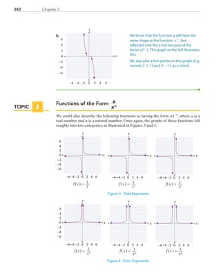 242 Chapter 3
b.	
x
y
0 2 4−6 −4
0
2
4
6
−6
6−2
−2
−4
Functions of the Form a
xn
We could also describe the following functions as having the form ax n−
, where a is a
real number and n is a natural number. Once again, the graphs of these functions fall
roughly into two categories, as illustrated in Figures 3 and 4.
y
0 2 4−6 −4
0
2
4
6
−6
6−2
−2
−4
y
0 2 4−6 −4 6−2
y
0 2 4−6 −4 6−2
x
f(x) =
x5
1f(x) =
x3
1f(x) =
x
1
x x
Figure 3: Odd Exponents
y
0 2 4−6 −4
0
2
4
6
−6
6−2
−2
−4
y
0 2 4−6 −4 6−2
y
0 2 4−6 −4 6−2
x
f(x) =
x2
1 f(x) =
x4
1 f(x) =
x6
1
x x
Figure 4: Even Exponents
We know that the function g will have the
same shape as the function x3
, but
reflected over the x-axis because of the
factor of −1. The graph to the left illustrates
this.
We also plot a few points on the graph of g,
namely (−1, 1) and (1, −1), as a check.
TOPIC 2
PRC_Chapter 3.indd 242 6/3/2013 1:57:38 PM
 