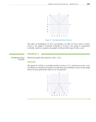 245Other Common Functions  Section 3.3
x
y
0 2 4−6 −4
0
2
4
6
−6
6−2
−2
−4
Figure 7: The Absolute Value Function
The effect of multiplying x by a real number a is what we have come to expect:
if  a  1, the graph is stretched vertically; if 0 1 a , the graph is compressed
vertically;  and if a is negative, the graph is reflected with respect to the x-axis.
EXAMPLE 3
Sketch the graph of the function f x x( ) = −2 .
Solution:
The graph of f will be a vertically stretched version of x , reflected over the x-axis.
As always, we can plot a few points to verify that our reasoning is correct. In the graph
below, we have plotted the values of  f f−( ) ( )4 2and .
x
y
0 2 4−6 −4
0
2
4
6
−6
6−2
−2
−4
The Absolute Value
Function
PRC_Chapter 3.indd 245 6/3/2013 1:57:42 PM
 