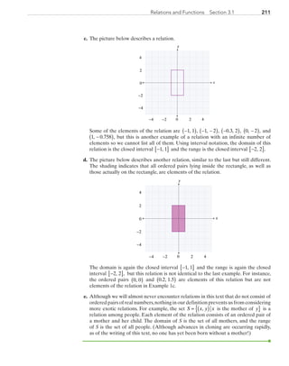 211211Relations and Functions  Section 3.1
	c.	 The picture below describes a relation.
x
y
0 2 4−4
4
−2
0
2
−2
−4
		Some of the elements of the relation are −( )1 1, , − −( )1 2, , −( )0 3 2. , , 0 2, ,−( ) and
1 0 758, . ,−( ) but this is another example of a relation with an infinite number of
elements so we cannot list all of them. Using interval notation, the domain of this
relation is the closed interval −[ ]1 1, and the range is the closed interval −[ ]2 2, .
	d.	 The picture below describes another relation, similar to the last but still different.
The shading indicates that all ordered pairs lying inside the rectangle, as well as
those actually on the rectangle, are elements of the relation.
		The domain is again the closed interval −[ ]1 1, and the range is again the closed
interval −[ ]2 2, , but this relation is not identical to the last example. For instance,
the ordered pairs 0 0,( ) and 0 2 1 5. , .( ) are elements of this relation but are not
elements of the relation in Example 1c.
	e.	 Although we will almost never encounter relations in this text that do not consist of
ordered pairs of real numbers,nothing in our definition prevents us from considering
more exotic relations. For example, the set S x y x= ( ){ ,  is the mother of y}  is a
relation among people. Each element of the relation consists of an ordered pair of
a mother and her child. The domain of S is the set of all mothers, and the range
of S is the set of all people. (Although advances in cloning are occurring rapidly,
as of the writing of this text, no one has yet been born without a mother!)
x
y
0 2 4−4
4
−2
0
2
−2
−4
PRC_Chapter 3.indd 211 6/3/2013 1:56:36 PM
 