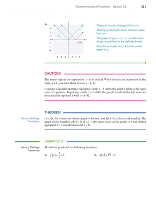 261Transformations of Functions  Section 3.5
	b.	
x
y
0 2 4−6 −4
0
2
4
6
−6
6−2
−2
−4
g x( )
x
CAUTION!
The minus sign in the expression x h− is critical. When you see an expression in the
form x h+ you must think of it as x h− −( ).
Consider a specific example: replacing x with x − 5 shifts the graph 5 units to the right,
since 5 is positive. Replacing x with x + 5 shifts the graph 5 units to the left, since we
have actually replaced x with x − −( )5 .
THEOREM
Let f (x) be a function whose graph is known, and let k be a fixed real number. The
graph of the function g x f x k( ) = ( )+ is the same shape as the graph of f, but shifted
upward if k  0 and downward if k  0.
EXAMPLE 2
Sketch the graphs of the following functions.
	a.	 f x
x
( ) = +
1
3 	 b.	 g x x( ) = −3
2
The basic function being shifted is x .
Start by graphing the basic absolute value
function.
The graph of g x x( )= − 4 has the same
shape, but shifted to the right by 4 units.
Note, for example, that 4,0( ) lies on the
graph of g.
Vertical Shifting/
Translation
Vertical Shifting/
Translation
PRC_Chapter 3.indd 261 6/3/2013 1:58:08 PM
 