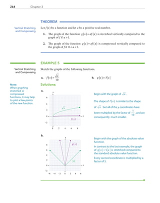 Chapter 3264
THEOREM
Let f (x) be a function and let a be a positive real number.
1.	 The graph of the function g x af x( ) = ( ) is stretched vertically compared to the
graph of f if a  1.
2.	 The graph of the function g x af x( ) = ( ) is compressed vertically compared to
the graph of f if 0 1 a .
EXAMPLE 5
Sketch the graphs of the following functions.
	a.	 f x
x
( ) =
10
	 b.	 g x x( ) = 5
Solutions:
	a.	
x
y
0 2 4
0
2
4
6
6 8
−2
f x( )
x
	b.	
x
y
0
2
4
6
0 2 4−6 −4 6−2
−2
8 g x( )
x
Vertical Stretching
and Compressing
Vertical Stretching
and Compressing
Note:
When graphing
stretched or
compressed
functions, it may help
to plot a few points
of the new function.
Begin with the graph of x.
The shape of f x( ) is similar to the shape
of x but all of the y-coordinates have
been multiplied by the factor of
1
10
, and are
consequently much smaller.
Begin with the graph of the absolute value
function.
In contrast to the last example, the graph
of g x x( )= 5 is stretched compared to
the standard absolute value function.
Every second coordinate is multiplied by a
factor of 5.
PRC_Chapter 3.indd 264 6/3/2013 1:58:14 PM
 