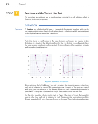 Chapter 3212
Functions and the Vertical Line Test
As important as relations are in mathematics, a special type of relation, called a
function, is of even greater use.
DEFINITION
A function is a relation in which every element of the domain is paired with exactly
one element of the range. Equivalently, a function is a relation in which no two distinct
ordered pairs have the same first coordinate.
Note that there is a difference in the way domains and ranges are treated in the
definition of a function: the definition allows for the two distinct ordered pairs to have
the same second coordinate, as long as their first coordinates differ.A picture helps in
understanding this distinction:
x
y
0 2 4−4
4
−2
0
2
−2
−4
x
y
0 2 4−4
4
−2
0
2
−2
−4
Figure 1: Definition of Functions
The relation on the left in Figure 1 has pairs of points that share the same y-value (one
such pair is indicated in green).This means that some elements of the range are paired
with more than one element of the domain. However, each element of the domain is
paired with exactly one element of the range.Thus, this relation is a function.
On the other hand, the relation on the right in Figure 1 has pairs of points that share the
same x-value (one such pair is indicated in red). This means that some elements of the
domain are paired with more than one element of the range.This relation is not a function.
TOPIC 2
Functions
PRC_Chapter 3.indd 212 6/3/2013 1:56:36 PM
 
