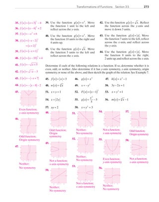 273Transformations of Functions  Section 3.5
	39.	 Use the function g x x( )= 3
. Move
the function 1 unit to the left and
reflect across the y-axis.
	40.	 Use the function g x x( )= 3
. Move
the function 10 units to the right and
4 units up.
	41.	 Use the function g x x( ) = . Move
the function 5 units to the left and
reflect across the x-axis.
	42.	 Use the function g x x( ) = . Reflect
the function across the y-axis and
move it down 3 units.
	43.	 Use the function g x x( ) = . Move
the function 7 units to the left, reflect
across the x-axis, and reflect across
the y-axis.
	44.	 Use the function g x x( ) = . Move
the function 8 units to the right,
2 units up,and reflect across the x-axis.
Determine if each of the following relations is a function. If so, determine whether it is
even, odd, or neither. Also determine if it has y-axis symmetry, x-axis symmetry, origin
symmetry,or none of the above,and then sketch the graph of the relation.See Example 7.
	45.	 f x x( ) = + 3	 46.	 g x x( ) = 3
	 47.	 h x x( ) = −3
1
	48.	 w x x( ) = 3
	 49.	 x y= − 2
	 50.	 3 2 1y x− =
	51.	 x y+ = 1	 52.	 F x x( ) = −( )1
2
	 53.	 x y= +2
1
	54.	 x y= 2 	 55.	 g x
x
( ) = −
2
5
5 	 56.	 m x x( ) = −3
1
	57.	 xy = 2 	 58.	 x y+ =2
3
	35.	 f x x( ) = +( ) −3 4
2
	36.	 f x x( ) = −( ) +4 2
2
	37.	 f x x( ) = − +2
6
	38.	 ( ) ( )
( )
= − −
= +
f x x
x
2
2
2
2
	39.	 f x x( ) = − +( )1
3
	40.	 f x x( ) = −( ) +10 4
3
	41.	 f x x( ) = − + 5
	42.	 f x x( ) = − − 3
	43.	 f x x( ) = − − + 7
	44.	 f x x( ) = − − −8 2
	45.	
x
y
0
−2
−6
6
2
0 2 6−6 −2
	 	 Even function;
		y-axis symmetry
	46.	
x
y
0
−2
−6
6
2
0 2 6−6 −2
		Odd function;
		 Origin symmetry
	47.	
x
y
0
−2
−6
6
2
0 2 6−6 −2
		Neither;
		 No symmetry
	48.	
x
y
0
−2
−6
6
2
0 2 6−6 −2
	 	 Odd function;
		Origin
symmetry
	49.	
x
y
0
−2
−6
6
2
0 2 6−6 −2
	 	 Not a function;
		x-axis symmetry
	50.	
x
y
0
−2
−6
6
2
0 2 6−6 −2
		Neither;
		 No symmetry
	51.
x
y
0
−2
−6
6
2
0 2 6−6 −2
		Neither;
		 No symmetry
52.
x
y
0
−2
−6
6
2
0 2 6−6 −2
		Neither;
		 No symmetry
	53.
x
y
0
−2
−6
6
2
0 2 6−6 −2
		Not a function;
		x-axis symmetry
	54.	
x
y
0
−2
−6
6
2
0 2 6−6 −2
		Not a function;
		x-axis symmetry
	55.	
x
y
0
−2
−6
6
2
0 2 6−6 −2
		Even function;
		y-axis symmetry
	56.	
x
y
0
−2
−6
6
2
0 2 6−6 −2
		Neither;
		 No symmetry
	57.	
x
y
0
−2
−6
6
2
0 2 6−6 −2
		Odd function;
		 Origin symmetry
	58.	
x
y
0
−2
−6
6
2
0 2 6−6 −2
		Not a function;
		x-axis symmetry
PRC_Chapter 3.indd 273 6/3/2013 1:58:45 PM
 