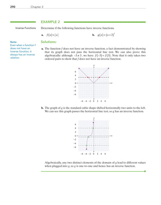 Chapter 3290
EXAMPLE 2
Determine if the following functions have inverse functions.
	a.	 f x x( ) = 	 b.	 g x x( ) = +( )2
3
Solutions:
	a.	 The function f does not have an inverse function, a fact demonstrated by showing
that its graph does not pass the horizontal line test. We can also prove this
algebraically: although − ≠3 3 , we have f f−( ) = ( )3 3 . Note that it only takes two
ordered pairs to show that f does not have an inverse function.
x
y
0 2 4−6 −4
0
2
4
6
−6
6−2
−2
−4
	b.	 The graph of g is the standard cubic shape shifted horizontally two units to the left.
We can see this graph passes the horizontal line test, so g has an inverse function.
x
y
0 2 4−6 −4
0
2
4
6
−6
6−2
−2
−4
		Algebraically, any two distinct elements of the domain of g lead to different values
when plugged into g, so g is one-to-one and hence has an inverse function.
Inverse Functions
Note:
Even when a function f
does not have an
inverse function, it
always has an inverse
relation.
PRC_Chapter 3.indd 290 6/3/2013 1:59:44 PM
 