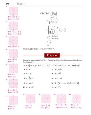 Chapter 3294
g g x g
x
x
x
x
x
x
x
− −
( )( )=
−
+




=
−
−
+
−
−
+



 −
=
−
−
1 1 3
2 1
3
2 1
3
2
3
2 1
1
3
22 1
3
2
3
2 1
1
2 1
2 1
3 6
x
x
x
x
x
x x
+
−
−
+



 −












+
+




=
− + − − 33
2 6 2 1
7
7
x x
x
x
− − −
=
−
−
=
Similarly, g g x x−
( )( )=1
, as you should verify.
Exercises
Graph the inverse of each of the following relations, and state its domain and range.
See Example 1.
	   1.	 R = −( ) ( ) −( ) −( ){ }4 2 3 2 0 1 3 2, , , , , , , 	 2.	 S = − −( ) − −( ) ( ) ( ){ }3 3 1 1 0 1 4 4, , , , , , ,
	   3.	 y x= 3
	 4.	 y x= + 2
	   5.	 x y= 	 6.	 x y= −
	 7.	 y x= −
1
2
3 	 8.	 y x= − + 1
	 9.	 y x= + 2 	 10.	 T = ( ) −( ) − −( ) ( ){ }4 2 3 1 2 1 2 4, , , , , , ,
	11.	 x y= −2
2 	 12.	 y x= 2
	1.	
x
y
0
−2
−6
6
2
0 2 6−6 −2
		Dom = { 2, −1, −2 }
		Ran = { −4, 3, 0 }
	2.	
x
y
0
−2
−6
6
2
0 2 6−6 −2
		Dom = {−3, −1, 1, 4}
		Ran = { −3, −1, 0, 4 }
	3.	
x
y
0
−2
−6
6
2
0 2 6−6 −2
		Dom = Ran = R
	4.	
x
y
0
−2
−6
6
2
0 2 6−6 −2
		Dom = 2,∞[ )
		Ran = R
	5.	
x
y
0
−2
−6
6
2
0 2 6−6 −2
	 	 Dom = R
		Ran = 0,∞[ )
	6.	
x
y
0
−2
−6
6
2
0 2 6−6 −2
		Dom = 0,∞[ )
		Ran = −∞( ], 0
	7.	
x
y
0
−2
−6
6
2
0 2 6−6 −2
		Dom = R
		Ran = R
	8.	
x
y
0
−2
−6
6
2
0 2 6−6 −2
		Dom = R
		Ran = R
	9.	
x
y
0
−2
−6
6
2
0 2 6−6 −2
		 Dom = 2,∞[ )
		 Ran = 0,∞[ )
	10.	
x
y
0
−2
−6
6
2
0 2 6−6 −2
		Dom = {2,−1,4}
		Ran = {4,3,−2,2}
	11.	
x
y
2 6
6
2
−6
−2
−2
−6
		Dom = R
		Ran = − ∞[ )2,
PRC_Chapter 3.indd 294 6/3/2013 1:59:55 PM
 