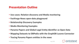 Presentation Outline
• Use cases: Relation discovery and Media monitoring
• FactForge-News open-data playground
• Relationship Discovery Examples
• Media Monitoring Examples
• Panama Papers and Global Legal Entity Identifier as Open Data
• Mapping Datasets to DBPedia with the GraphDB Lucene Connector
• Tracing Panama Papers entities in the news
Relationship Discovery Webinar Aug 2016
 
