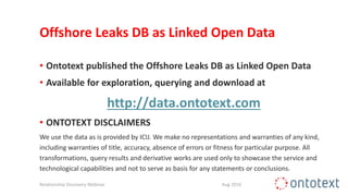 Offshore Leaks DB as Linked Open Data
• Ontotext published the Offshore Leaks DB as Linked Open Data
• Available for exploration, querying and download at
http://data.ontotext.com
• ONTOTEXT DISCLAIMERS
We use the data as is provided by ICIJ. We make no representations and warranties of any kind,
including warranties of title, accuracy, absence of errors or fitness for particular purpose. All
transformations, query results and derivative works are used only to showcase the service and
technological capabilities and not to serve as basis for any statements or conclusions.
Relationship Discovery Webinar Aug 2016
 