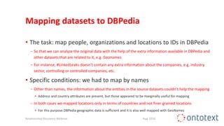 Mapping datasets to DBPedia
• The task: map people, organizations and locations to IDs in DBPedia
− So that we can analyze the original data with the help of the extra information available in DBPedia and
other datasets that are related to it, e.g. Geonames
− For instance, #LinkedLeaks doesn’t contain any extra information about the companies, e.g. industry
sector, controlling or controlled companies, etc.
• Specific conditions: we had to map by names
− Other than names, the information about the entities in the source datasets couldn’t help the mapping
▪ Address and country attributes are present, but those appeared to be marginally useful for mapping
− In both cases we mapped locations only in terms of countries and not finer grained locations
▪ For this purpose DBPedia geographic data is sufficient and it is also well mapped with GeoNames
Relationship Discovery Webinar Aug 2016
 
