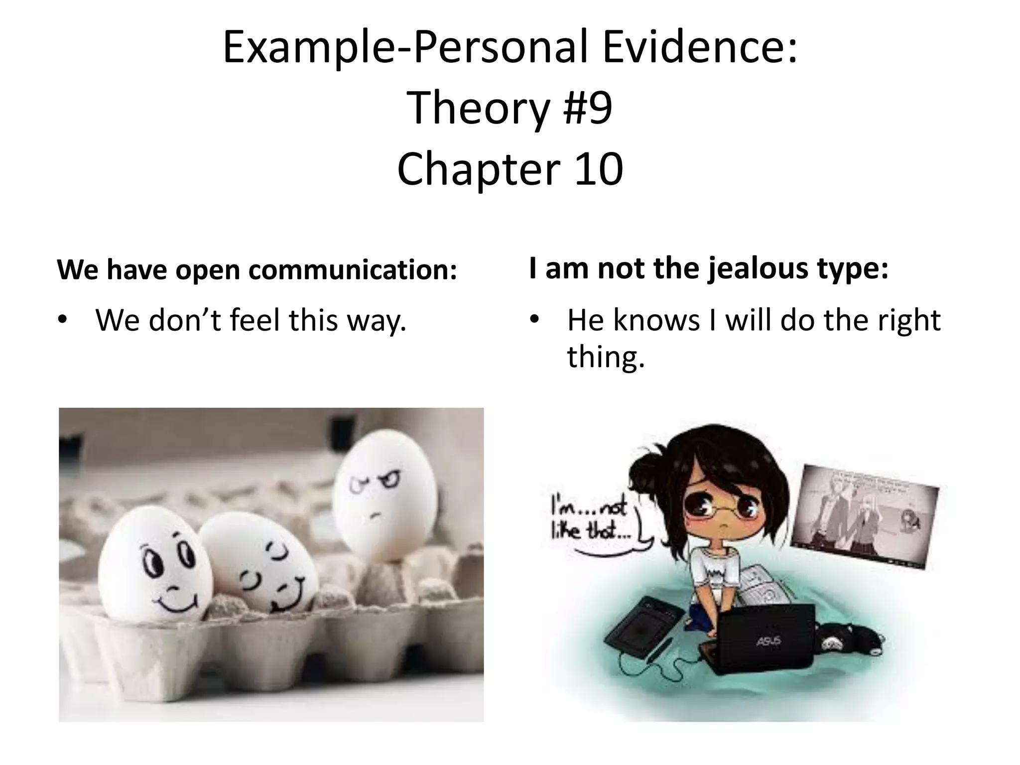 Example-Personal Evidence:
Theory #9
Chapter 10
We have open communication:
• We don’t feel this way.
I am not the jealous type:
• He knows I will do the right
thing.
 