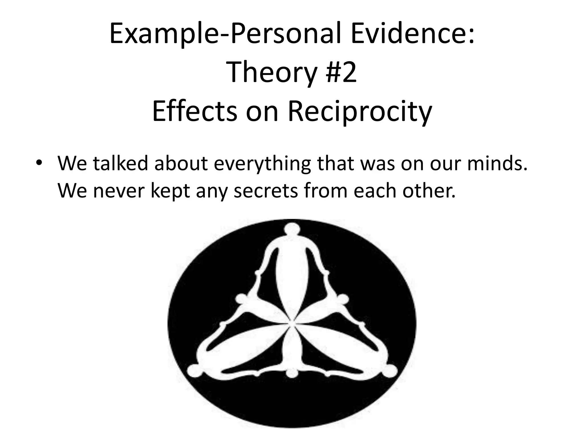 • We talked about everything that was on our minds.
We never kept any secrets from each other.
Example-Personal Evidence:
Theory #2
Effects on Reciprocity
 