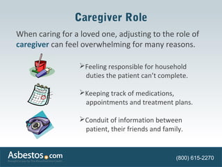 Caregiver Role 
When caring for a loved one, adjusting to the role of 
caregiver can feel overwhelming for many reasons. 
Feeling responsible for household 
duties the patient can’t complete. 
Keeping track of medications, 
appointments and treatment plans. 
Conduit of information between 
patient, their friends and family. 
(800) 615-2270 
 
