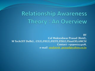 BY
Col Mukteshwar Prasad (Retd),
M Tech(IIT Delhi) , CE(I),FIE(I),FIETE,FISLE,FInstOD,AMCSI
Contact -+919007224278,
e-mail -muktesh_prasad@yahoo.co.in
 