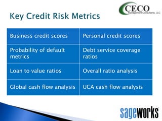 Business credit scores

Personal credit scores

Probability of default
metrics

Debt service coverage
ratios

Loan to value ratios

Overall ratio analysis

Global cash flow analysis

UCA cash flow analysis

 