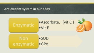 Antioxidant system in our body
•Ascorbate. (vit C )
•Vit E
Enzymatic
•SOD
•GPx
Non
enzymatic
 