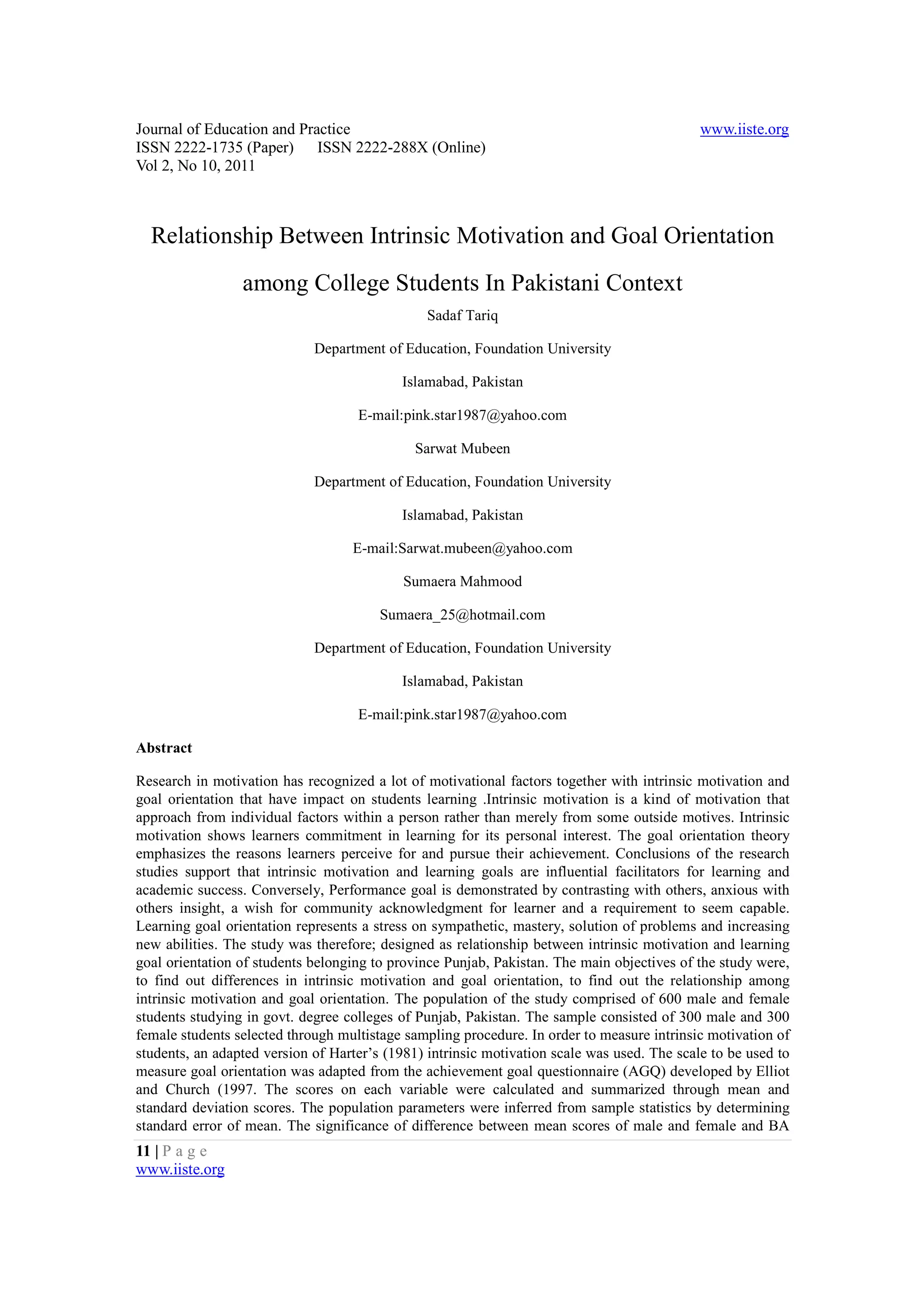 Relationship between intrinsic motivation and goal orientation among ...