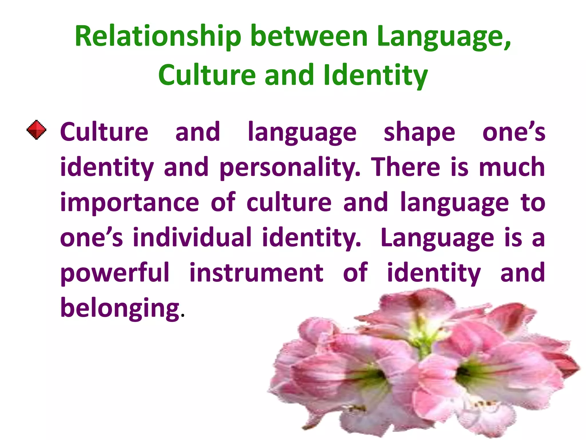 Relationship between Language,
Culture and Identity
Culture and language shape one’s
identity and personality. There is much
importance of culture and language to
one’s individual identity. Language is a
powerful instrument of identity and
belonging.
 