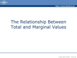 http://www.bized.co.uk




The Relationship Between
Total and Marginal Values




                       Copyright 2006 – Biz/ed
 