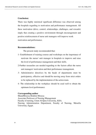 International Research Journal of Basic and Applied Sciences

Vol 4, No. 5;May 2012

Conclusion:
There was highly statistical significant difference was observed among
the hospitals regarding to motivation and performance management. All
these motivation (drive, control, relationships, challenges, and rewards)
imply that creating a positive environment through encouragement and
positive reinforcement of nurse unit managers will improve work
motivation and performance.

Recommendations:
The present study recommended that:
1- Establishment of training courses and workshops on the importance of
motivate the nurses' unit manager in hospitals to improve and raise
the level of performance management and their skills.
2-Further researches are needed regarding to the factors affect the nurse
unit managers' motivation and their performance management.
3- Administrative directives by the heads of departments must be
participatory, effective and should be moving away from strict orders
to be replaced by the implementation of the action team.
4- The relationship in the workplace should be used well to obtain the
optimum level performance.
Corresponding author
ManalMoussa Ibrahim Moussa
Associate Professor of Nursing Management
Faculty of nursing, Umm Al Qura University, KSA.
Nursing Administration Department, Faculty of Nursing, Menofia
University, Egypt.

51

IRJBAS@SCIENCERECORD.COM

 