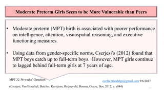 Moderately preterm (32–36 weeks’ Gestation) birth is associated with poorer performance in
intelligence, attention, visuospatial reasoning, and executive functioning
11
• Moderate preterm (MPT) birth is associated with poorer performance
on intelligence, attention, visuospatial reasoning, and executive
functioning measures.
• Using data from gender-specific norms, Cserjesi’s (2012) found that
MPT boys catch up to full-term boys. However, MPT girls continue
to lagged behind full-term girls at 7 years of age.
(Cserjesi, Van Braeckel, Butcher, Kerstjens, Reijneveld, Bouma, Geuze, Bos, 2012, p. e844)
Moderate Preterm Girls Seem to be More Vulnerable than Peers
MPT 32-36 weeks’ Gestation ozella.brundidge@gmail.com 9/6/2017
 