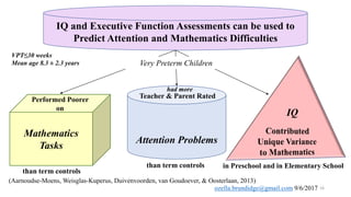 IQ and Executive Function Skills are Predictors of
Attention and Mathematics Difficulties
IQ and Executive Function Assessments can be used to
Predict Attention and Mathematics Difficulties
Mathematics
Tasks
Attention Problems
had more
(Aarnoudse-Moens, Weisglas-Kuperus, Duivenvoorden, van Goudoever, & Oosterlaan, 2013)
Performed Poorer
on
Teacher & Parent Rated
than term controls in Preschool and in Elementary School
IQ
16
Very Preterm Children
VPT≤30 weeks
Mean age 8.3 ± 2.3 years
than term controls
ozella.brundidge@gmail.com 9/6/2017
 