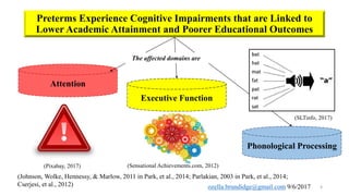 Preterms Experience Cognitive Impairments that are Linked to
Lower Academic Attainment and Poorer Educational Outcomes
4
(Johnson, Wolke, Hennessy, & Marlow, 2011 in Park, et al., 2014; Parlakian, 2003 in Park, et al., 2014;
Cserjesi, et al., 2012)
Phonological Processing
Attention
Executive Function
The affected domains are
(Pixabay, 2017) (Sensational Achievements.com, 2012)
(SLTinfo, 2017)
ozella.brundidge@gmail.com 9/6/2017
 