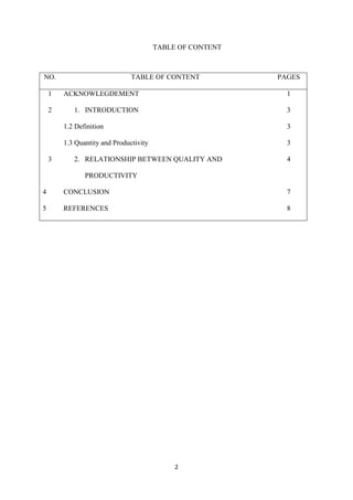 2
TABLE OF CONTENT
NO. TABLE OF CONTENT PAGES
1 ACKNOWLEGDEMENT 1
2 1. INTRODUCTION 3
1.2 Definition 3
1.3 Quantity and Productivity 3
3 2. RELATIONSHIP BETWEEN QUALITY AND
PRODUCTIVITY
4
4 CONCLUSION 7
5 REFERENCES 8
 