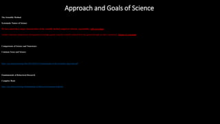 Approach and Goals of Science
https://reasonandmeaning.com/2016/03/22/what-is-the-difference-between-philosophy-science-and-religion/
The Scientific Method
Systematic Nature of Science
We have noted three major characteristics of the scientific method (empirical referent, repeatability, self-correcting).
Another important characteristic distinguishes knowledge gained using the scientific method from that gained through our daily experiences. Science is systematic.
Comparisons of Science and Nonscience
Common Sense and Science
https://uca.edu/psychology/files/2013/08/Ch3-Fundamentals-of-the-Scientific-Approach.pdf
Fundamentals of Behavioral Research
Complete Book
https://uca.edu/psychology/fundamentals-of-behavioral-research-textbook/
 