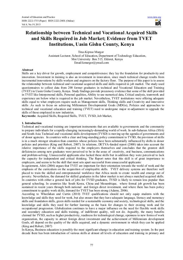 Relationship Between Technical And Vocational Acquired Skills And Ski Relationship Between Technical And Vocational Acquired Skills And Ski