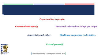 CLICK TO EDIT MASTER TITLE STYLE
Pay attention to people.

Communicate openly

Back each other when things get tough.

Appreciate each other.

Challenge each other to do better.

Extend yourself.

|

National Leadership & Development Seminar 2014

|

 