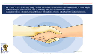 A RELATIONSHIP is a strong, deep, or close association/acquaintance/bond between two or more people
that may range in duration from brief to enduring. This association may be based
on inference, love, solidarity, regular business interactions, or some other type of social commitment.

CLICK TO EDIT MASTER TITLE STYLE

|

National Leadership & Development Seminar 2014

|

 