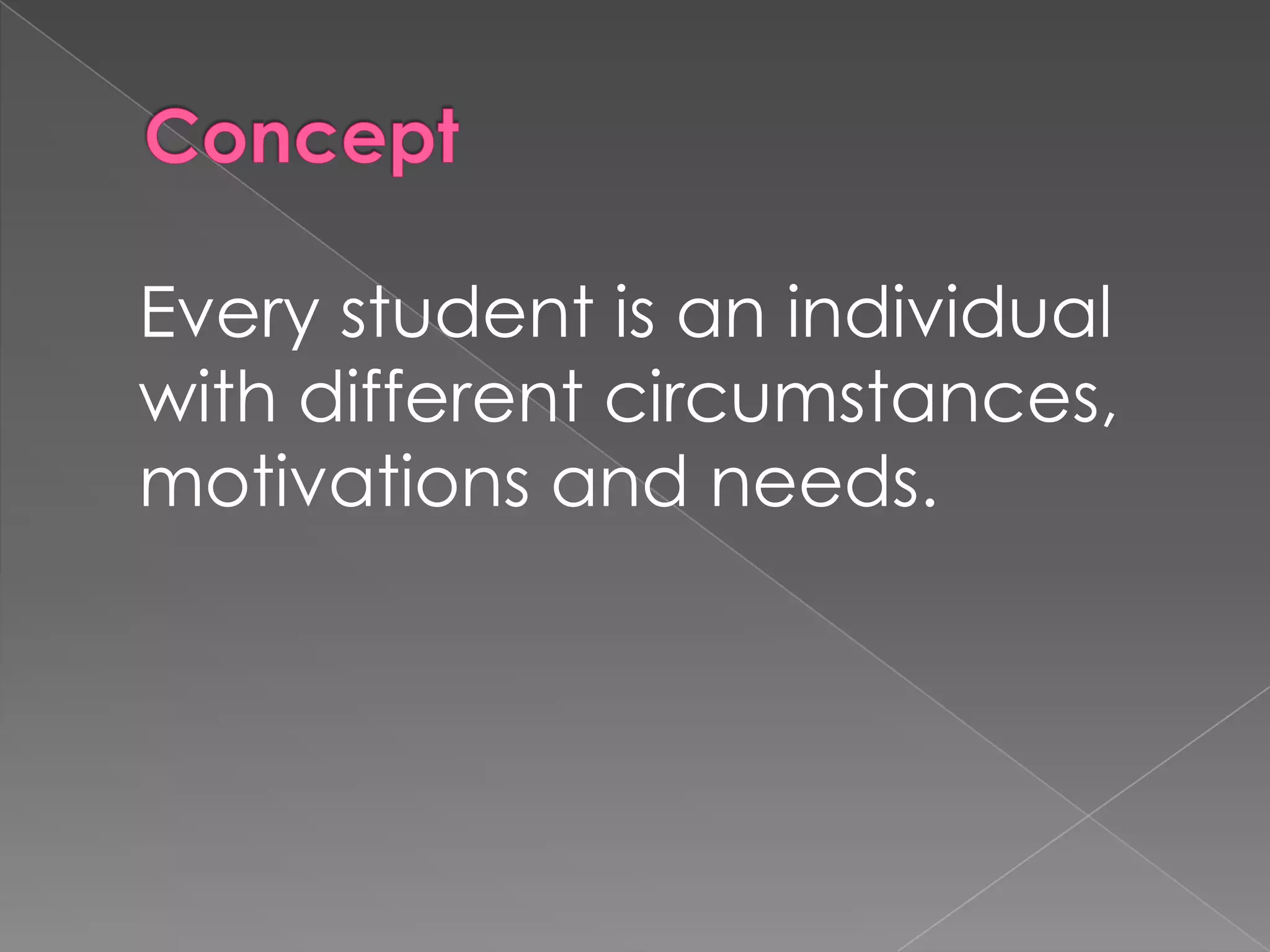 Every student is an individual
with different circumstances,
motivations and needs.
 