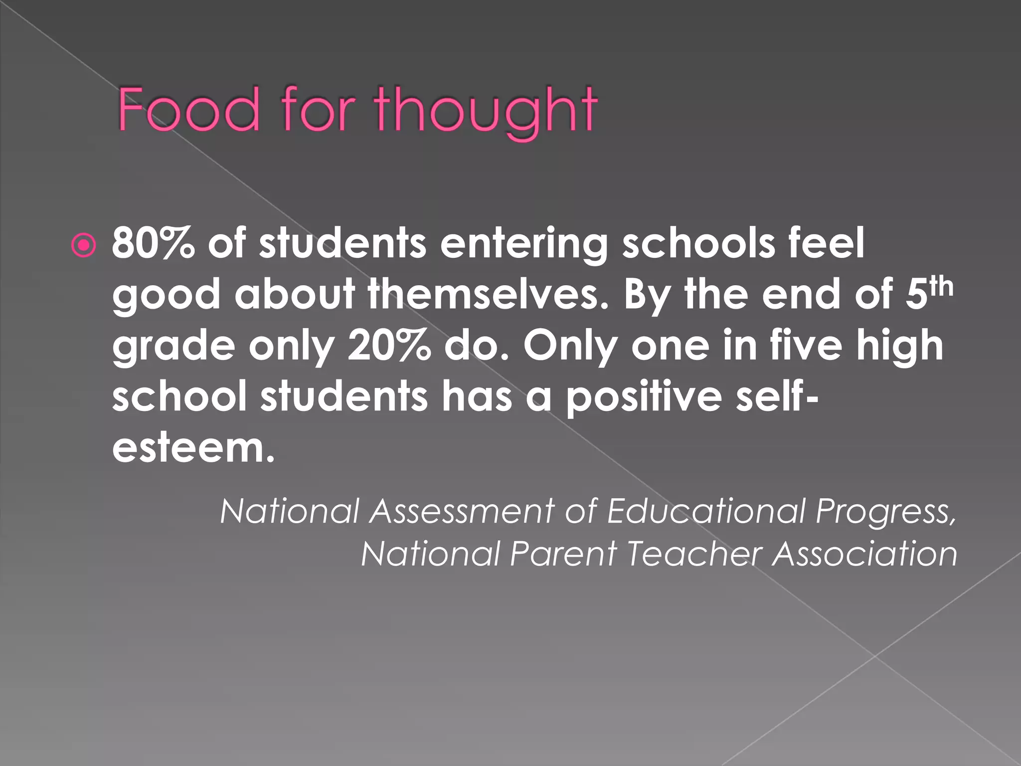    80% of students entering schools feel
    good about themselves. By the end of 5th
    grade only 20% do. Only one in five high
    school students has a positive self-
    esteem.
         National Assessment of Educational Progress,
                 National Parent Teacher Association
 