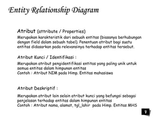 7 
EEnnttiittyy RReellaattiioonnsshhiipp DDiiaaggrraamm 
Atribut (attribute / Properties) 
Merupakan karakteristik dari sebuah entitas (biasanya berhubungan 
dengan field dalam sebuah tabel). Penentuan atribut bagi suatu 
entitas didasarkan pada relevansinya terhadap entitas tersebut. 
Atribut Kunci / Identifikasi : 
Merupakan atribut pengidentifikasi entitas yang paling unik untuk 
semua entitas dalam himpunan entitas 
Contoh : Atribut NIM pada Himp. Entitas mahasiswa 
Atribut Deskriptif : 
Merupakan atribut lain selain atribut kunci yang befungsi sebagai 
penjelasan terhadap entitas dalam himpunan entitas 
Contoh : Atribut nama, alamat, tgl_lahir pada Himp. Entitas MHS 
 