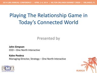 Presented by
Playing The Relationship Game in 
Today’s Connected World
John Simpson
CEO – One North Interactive
Kalev Peekna
Managing Director, Strategy – One North Interactive
 