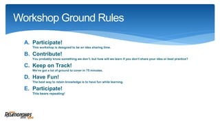 A. Participate!
This workshop is designed to be an idea sharing time.
B. Contribute!
You probably know something we don’t, but how will we learn if you don’t share your idea or best practice?
C. Keep on Track!
We’ve got a lot of ground to cover in 75 minutes.
D. Have Fun!
The best way to retain knowledge is to have fun while learning.
E. Participate!
This bears repeating!
Workshop Ground Rules
 