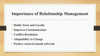 Importance of Relationship Management
• Builds Trust and Loyalty
• Improves Communication
• Conflict Resolution
• Adaptability to Change
• Positive word-of-mouth referrals
 