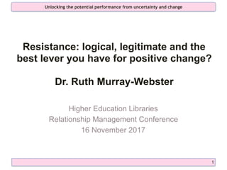 Potentiality UK – All Rights Reserved
Unlocking the potential performance from uncertainty and change
1
Resistance: logical, legitimate and the
best lever you have for positive change? 
 
Dr. Ruth Murray-Webster
Higher Education Libraries
Relationship Management Conference
16 November 2017
 