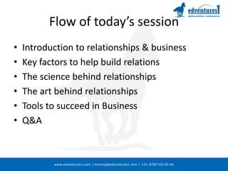 Flow of today’s sessionIntroduction to relationships & businessKey factors to help build relationsThe science behind relationshipsThe art behind relationshipsTools to succeed in Business Q&A