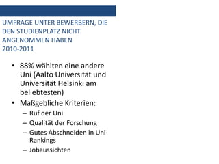 UMFRAGE UNTER BEWERBERN, DIE
DEN STUDIENPLATZ NICHT
ANGENOMMEN HABEN
2010-2011
• 88% wählten eine andere
Uni (Aalto Universität und
Universität Helsinki am
beliebtesten)
• Maßgebliche Kriterien:
– Ruf der Uni
– Qualität der Forschung
– Gutes Abschneiden in Uni-
Rankings
– Jobaussichten
 