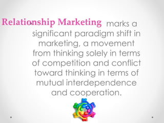 • marks a
significant paradigm shift in
marketing, a movement
from thinking solely in terms
of competition and conflict
toward thinking in terms of
mutual interdependence
and cooperation.
 
